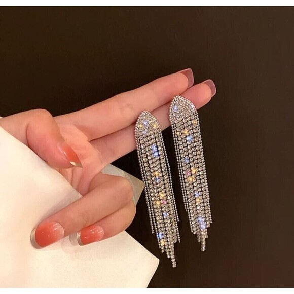 Rhinestone Waterfall Earrings Dramatic Formal Tassel - Picture 1 of 7